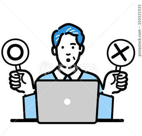 A middle-aged man sitting in front of a laptop and thinking with a Marubatsu card A middle-aged man sitting in front of a laptop and thinking with a Marubatsu card 103335333