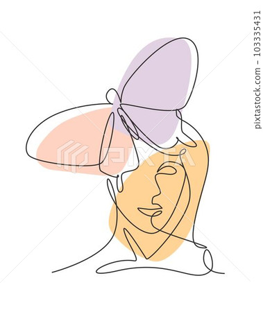 One single line drawing woman with butterfly line art vector illustration. Female abstract face butterfly wings portrait minimalistic fashion style concept. Modern continuous line graphic draw design 103335431