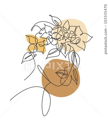 Single continuous line drawing pretty woman face with flowers. Nature beauty botanical print concept for wall decor print. Portrait minimalist. Trendy one line draw design vector graphic illustration 103335470