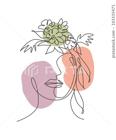 One single line drawing beauty abstract face with natural flowers vector illustration. Woman portrait minimalistic style concept for wall art decor print. Modern continuous line draw graphic design 103335471