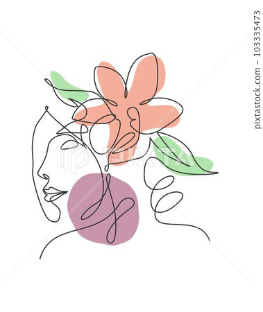 Single continuous line drawing pretty woman face with flowers. Nature beauty botanical print concept for wall decor print. Portrait minimalist. Trendy one line draw design vector graphic illustration Single continuous line drawing pretty woman face with flowers. Nature beauty botanical print concept for wall decor print. Portrait minimalist. Trendy one line draw design vector graphic illustration 103335473