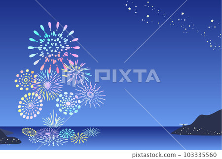 Fireworks blooming in the night sky and the scenery of the sea at night Postcard size sideways Fireworks blooming in the night sky and the scenery of the sea at night Postcard size sideways 103335560