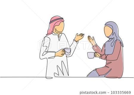 One continuous line drawing of young muslim and muslimah couple talking together while enjoying a cup of coffee drink. Saudi Arabian with kandura, hijab and veil. Single line draw design illustration 103335669