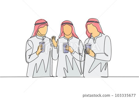 One single line drawing of young muslimah girls walking together with friends holding a paper cups of coffee. Arab middle east female cloth hijab and veil. Continuous line draw design illustration 103335677