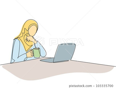 One continuous line drawing of young muslimah office worker take a break while drink a cup of coffee. Saudi Arabian female with hijab and veil concept. One line draw design illustration One continuous line drawing of young muslimah office worker take a break while drink a cup of coffee. Saudi Arabian female with hijab and veil concept. One line draw design illustration 103335700