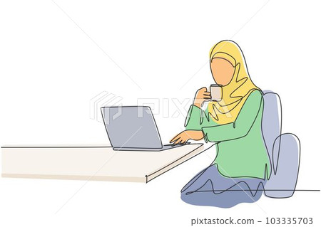 One continuous line drawing of young muslimah businesswomen reading business presentation on laptop screen. Saudi Arabian female with hijab and veil concept. Single line draw design illustration 103335703