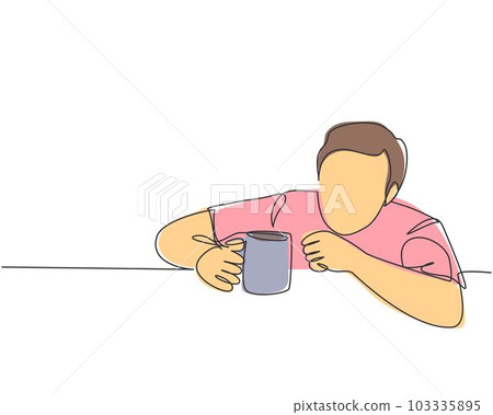 One single line drawing of young desperate worker staring blankly to a mug of coffee while order drink at cafe. Drinking coffee or tea concept continuous line draw symbol design vector illustration 103335895
