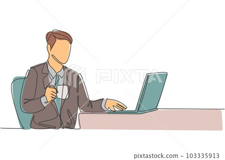 One single line drawing of young happy manager typing on a laptop keyboard while holding a cup of coffee on his hand. Drinking tea concept continuous line symbol draw design vector illustration 103335913