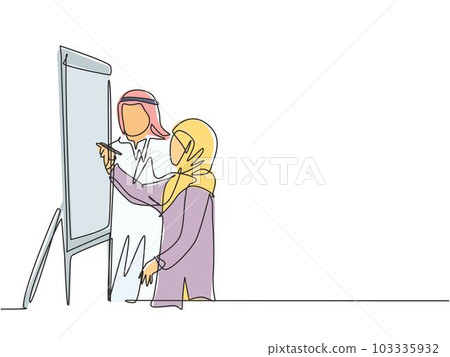 One continuous line drawing of young male and female muslim worker preparing material for presentations on flip chart. Islamic clothing hijab, kandura. Single line draw design vector illustration One continuous line drawing of young male and female muslim worker preparing material for presentations on flip chart. Islamic clothing hijab, kandura. Single line draw design vector illustration 103335932