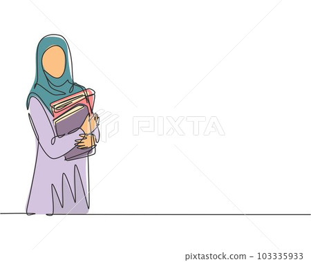 Single continuous line drawing of young female muslim businesswoman carrying annual report books to business meeting. Arab middle east cloth hijab and veil. One line draw design vector illustration Single continuous line drawing of young female muslim businesswoman carrying annual report books to business meeting. Arab middle east cloth hijab and veil. One line draw design vector illustration 103335933