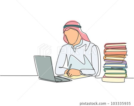 Single continuous line drawing of young male muslim businessman writing business deal contract at the office. Arab middle east cloth shmagh, kandura, thawb. One line draw design vector illustration Single continuous line drawing of young male muslim businessman writing business deal contract at the office. Arab middle east cloth shmagh, kandura, thawb. One line draw design vector illustration 103335935