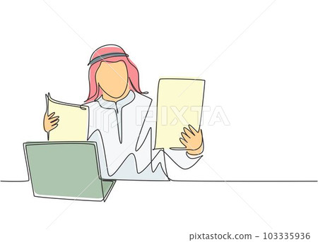 Single continuous line drawing of young male muslim businessman reading contract agreement from colleague. Arab middle east cloth shmagh, kandura, thawb, robe. One line draw design vector illustration Single continuous line drawing of young male muslim businessman reading contract agreement from colleague. Arab middle east cloth shmagh, kandura, thawb, robe. One line draw design vector illustration 103335936