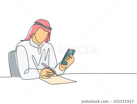 One single line drawing of young happy male muslim writing business report to company book. Saudi Arabia cloth shmag, kandora, headscarf, thobe, ghutra. Continuous line draw design vector illustration One single line drawing of young happy male muslim writing business report to company book. Saudi Arabia cloth shmag, kandora, headscarf, thobe, ghutra. Continuous line draw design vector illustration 103335937