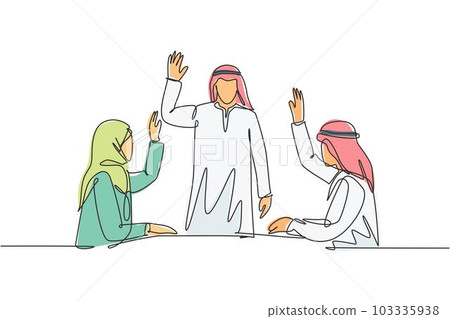 Single continuous line drawing of young male and female muslim company founder vote to choose new company leader. Arab middle east cloth kandura, hijab, robe. One line draw design vector illustration Single continuous line drawing of young male and female muslim company founder vote to choose new company leader. Arab middle east cloth kandura, hijab, robe. One line draw design vector illustration 103335938