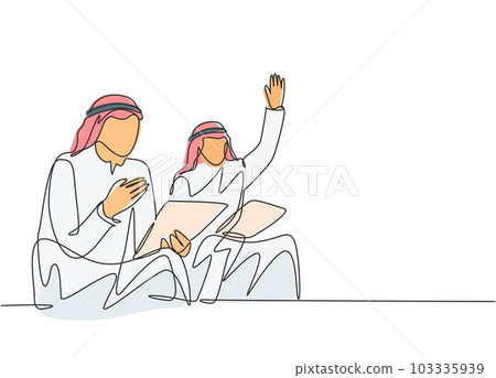 One continuous line drawing of young male muslim businessman take part in business coaching and raise hand to ask. Islamic clothing shemag, thobe, keffiyeh. Single line draw design vector illustration 103335939