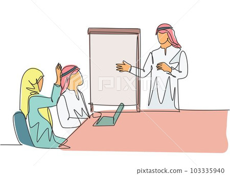 Single continuous line drawing of young male and female muslim businesspeople attending business coaching. Arab middle east cloth shmagh, hijab, thawb, robe. One line draw design vector illustration 103335940