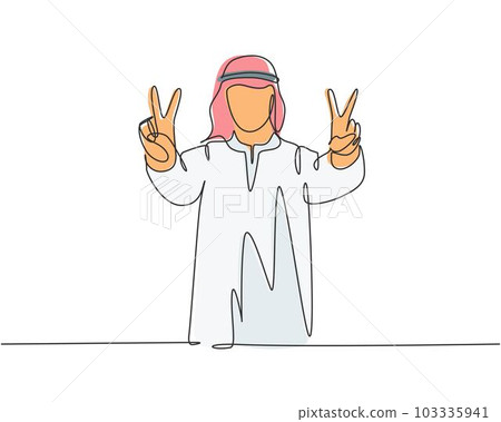One continuous line drawing of young male muslim employee giving peace or victory hand gesture. Islamic clothing shemag, kandura, scarf, keffiyeh. Single line draw design vector illustration One continuous line drawing of young male muslim employee giving peace or victory hand gesture. Islamic clothing shemag, kandura, scarf, keffiyeh. Single line draw design vector illustration 103335941