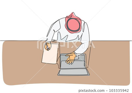 One single line drawing of young male muslim businessman writing business contract, from top view. Saudi Arabia cloth shmag, kandora, headscarf, thobe. Continuous line draw design vector illustration One single line drawing of young male muslim businessman writing business contract, from top view. Saudi Arabia cloth shmag, kandora, headscarf, thobe. Continuous line draw design vector illustration 103335942