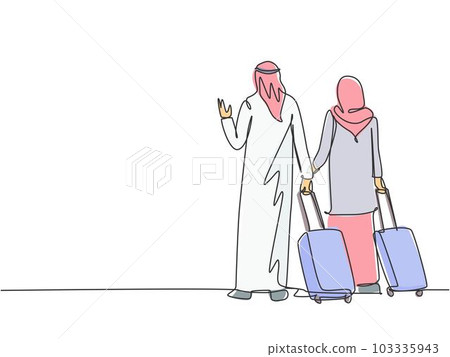 One continuous line drawing of young male and female muslim couple do business trip to abroad together. Islamic clothing hijab, kandura, scarf, keffiyeh. Single line draw design vector illustration One continuous line drawing of young male and female muslim couple do business trip to abroad together. Islamic clothing hijab, kandura, scarf, keffiyeh. Single line draw design vector illustration 103335943