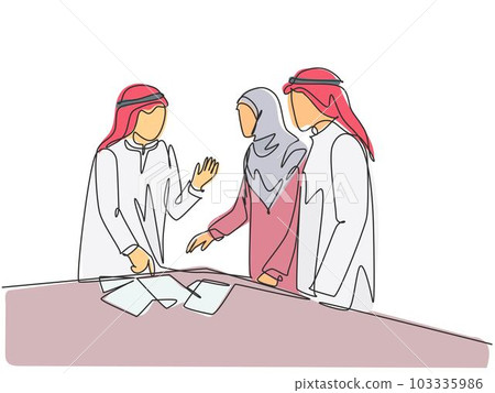Single continuous line drawing of young muslim startup founder discussing business proposal with team member. Arab middle east cloth kandura, thawb, robe, hijab. One draw design vector illustration Single continuous line drawing of young muslim startup founder discussing business proposal with team member. Arab middle east cloth kandura, thawb, robe, hijab. One draw design vector illustration 103335986