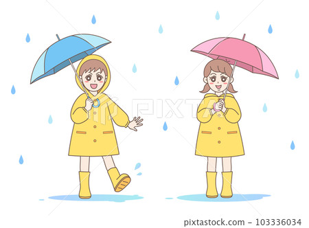 孩子們在雨中穿雨衣打傘 孩子們在雨中穿雨衣打傘 103336034