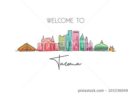 Single continuous line drawing of Tacoma city skyline, Washington. Famous city scraper landscape. World travel home wall decor art poster print concept. Modern one line draw design vector illustration Single continuous line drawing of Tacoma city skyline, Washington. Famous city scraper landscape. World travel home wall decor art poster print concept. Modern one line draw design vector illustration 103336049