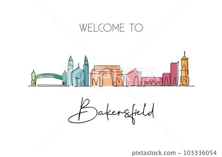 One single line drawing Bakersfield city skyline, California. Historical town landscape in the world. Best holiday destination. Editable stroke trendy continuous line draw design vector illustration 103336054