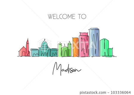 Single continuous line drawing of Madison city skyline, Wisconsin. Famous city scraper landscape. World travel home wall decor art poster print concept. Modern one line draw design vector illustration 103336064