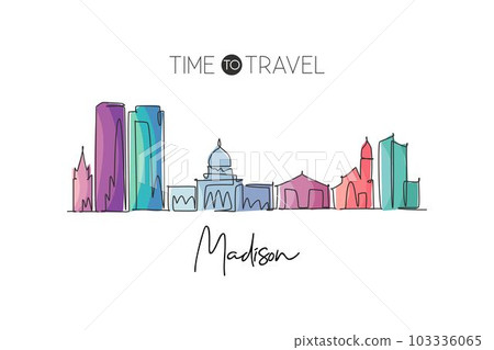 One single line drawing of Madison city skyline, Wisconsin. Historical town landscape in the world. Best holiday destination. Editable stroke trendy continuous line draw design vector illustration One single line drawing of Madison city skyline, Wisconsin. Historical town landscape in the world. Best holiday destination. Editable stroke trendy continuous line draw design vector illustration 103336065
