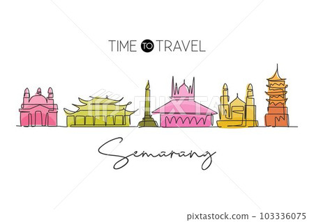 One single line drawing of Semarang city skyline, Java, Indonesia. Town landscape for home wall decor poster. Best holiday destination. Trendy continuous line draw graphic design vector illustration One single line drawing of Semarang city skyline, Java, Indonesia. Town landscape for home wall decor poster. Best holiday destination. Trendy continuous line draw graphic design vector illustration 103336075