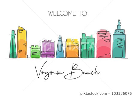One single line drawing of Virginia Beach city skyline, USA. Town landscape for home wall decor poster. Best holiday destination. Trendy continuous line draw graphic design vector illustration One single line drawing of Virginia Beach city skyline, USA. Town landscape for home wall decor poster. Best holiday destination. Trendy continuous line draw graphic design vector illustration 103336076