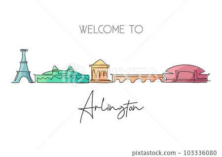 Single continuous line drawing of Arlington city skyline, Virginia. Famous city for wall decor print. World travel concept. Editable stroke modern one line draw design vector illustration Single continuous line drawing of Arlington city skyline, Virginia. Famous city for wall decor print. World travel concept. Editable stroke modern one line draw design vector illustration 103336080