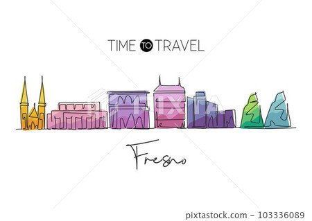 One single line drawing of Fresno city skyline, California. Town landscape for home wall decor poster. Best holiday destination. Trendy continuous line draw graphic design vector illustration 103336089