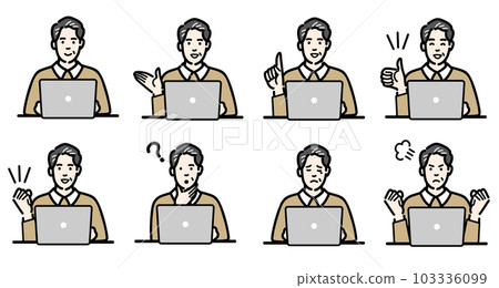 A set of gestures and gestures of a middle-aged man sitting in front of a laptop 103336099