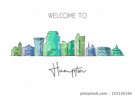 One single line drawing Hampton city skyline, Virginia. World historical town landscape. Best holiday destination postcard print. Editable stroke trendy continuous line draw design vector illustration 103336194