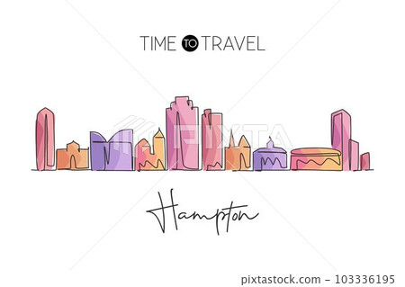 Single continuous line drawing of Hampton skyline, Virginia. Famous city scraper landscape. World travel home wall decor art poster print concept. Modern one line draw design vector illustration 103336195