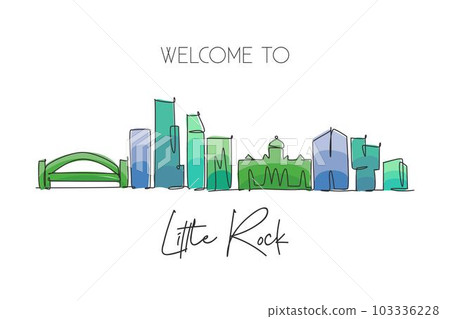 Single continuous line drawing of Little Rock skyline, Arkansas. Famous city scraper landscape. World travel home wall decor art poster print concept. Modern one line draw design vector illustration 103336228