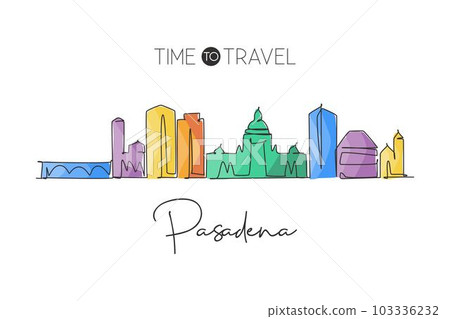 Single continuous line drawing of Pasadena skyline, California. Famous city scraper landscape. World travel home wall decor art poster print concept. Modern one line draw design vector illustration 103336232