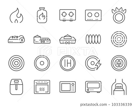 Cooker and flame icon set. It included fire, stoves, cooking hobs, hob, microwave and more icons. Editable Stroke. 103336339