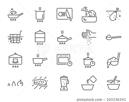 Cooking icon set. It included bake, heat, boil, frying, steam and more icons. Editable Stroke. 103336341