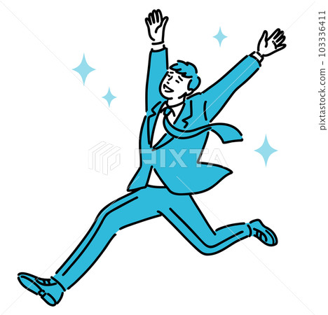 Whole body A young man in a suit happily raising his hand and skipping Whole body A young man in a suit happily raising his hand and skipping 103336411