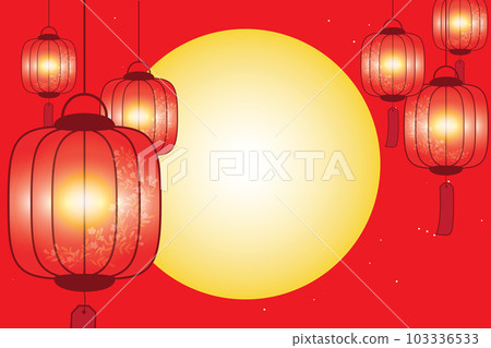 Illustration, Chinese lantern with fullmoon and star on red background. 103336533
