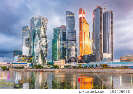 High buildings of Moscow-City at Moskva River at summer sunset, Russia. High buildings of Moscow-City at Moskva River at summer sunset, Russia. 103336688