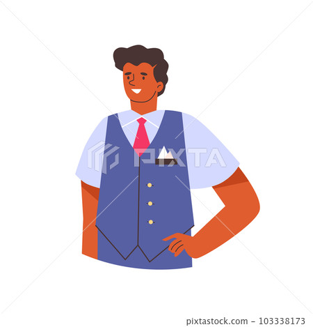 Smiling curly steward in blue uniform flat style, vector illustration Smiling curly steward in blue uniform flat style, vector illustration 103338173