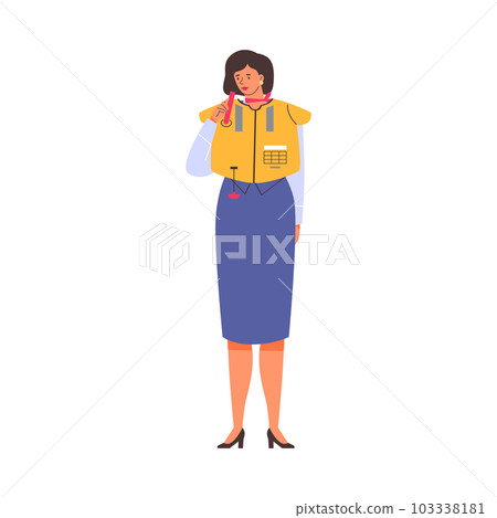 Stewardess in vest during safety instructions in air plane, flat vector isolated. Stewardess in vest during safety instructions in air plane, flat vector isolated. 103338181