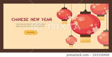 Chinese New Year web banner design with paper lanterns, flat vector illustration. Chinese New Year web banner design with paper lanterns, flat vector illustration. 103338400