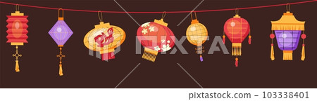 Bright colorful different Chinese lanterns hanging on rope flat style Bright colorful different Chinese lanterns hanging on rope flat style 103338401