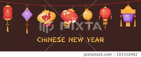Bright various colorful Chinese lanterns hanging on rope flat style 103338402