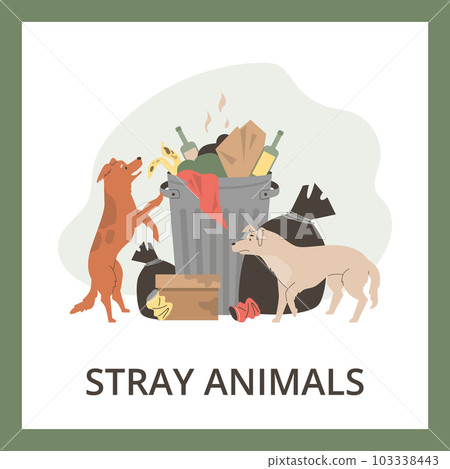 Hungry stray dogs looking for food in garbage bins, poster template - flat vector illustration. 103338443