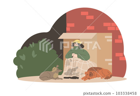 Homeless woman and stray dogs under dirty blanket, flat vector illustration isolated on white background. 103338458